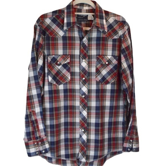 Vintage Wrangler Plaid Cowboy Cut Regular Fit X-Long Tail Pearl Snap Shirt - Picture 1 of 8